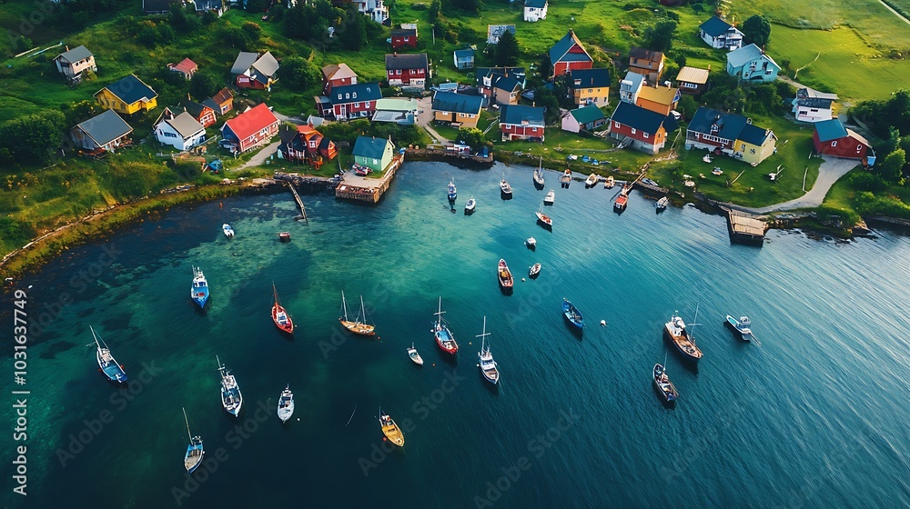 Aerial View of Colorful Houses and Boats in a Small Coastal Town Aerial View of Colorful Houses and Boats in a Small Coastal Town
