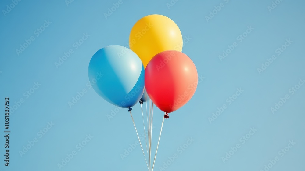Three balloons, blue, yellow, red, against a blue sky. Three balloons, blue, yellow, red, against a blue sky.