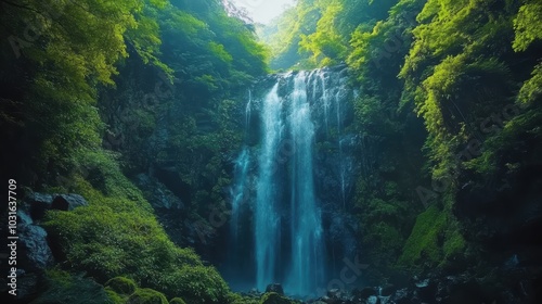 Waterfall cascading through lush greenery.