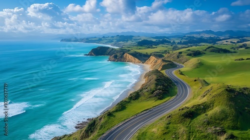 Winding Coastal Road Through Rolling Green Hills and Blue Ocean