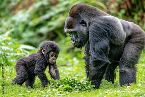A young gorilla interacts with an adult gorilla in a natural setting.