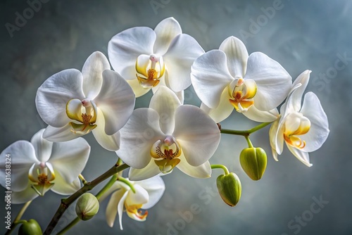 Stunning Close-Up of Blooming White Peloric Orchid on Gray Background for Floral Photography Lovers photo