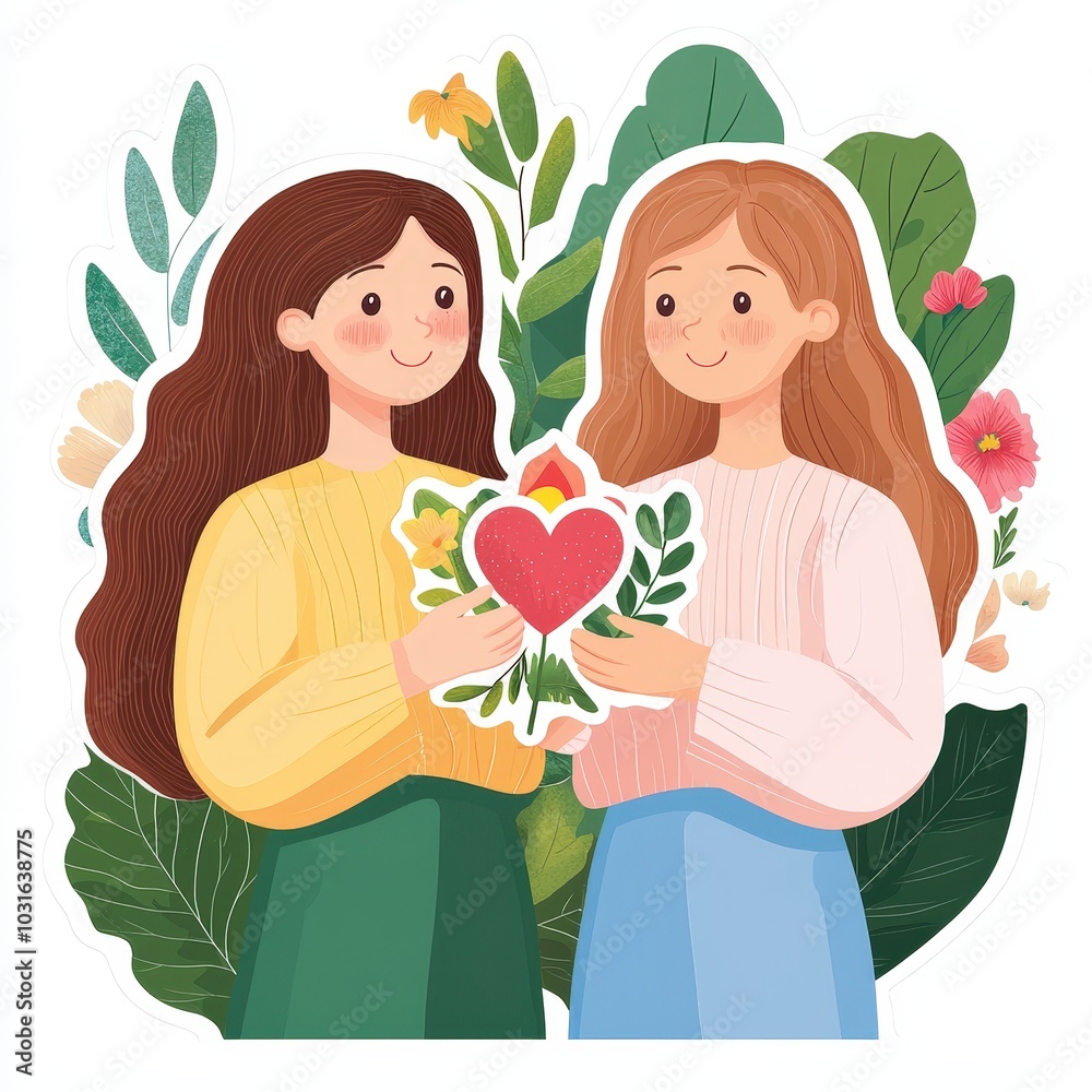 Two Girls Holding Heart Flower Illustration LGBTQ Pride Love Sticker Two Girls Holding Heart Flower Illustration LGBTQ Pride Love Sticker