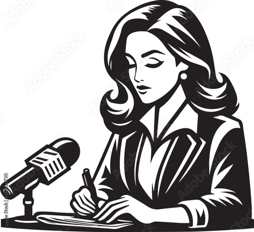 Female journalist writing notes vector illustration silhouette