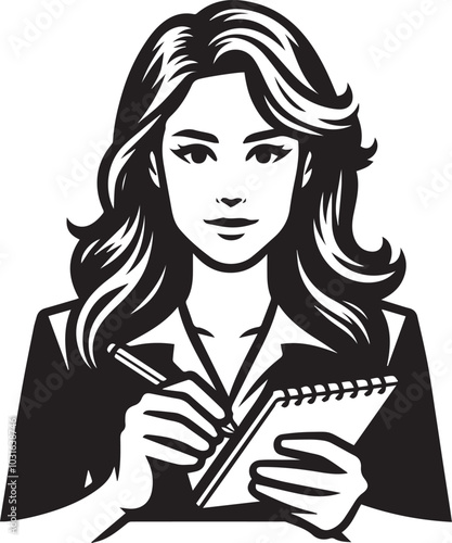 Female journalist writing notes vector illustration silhouette