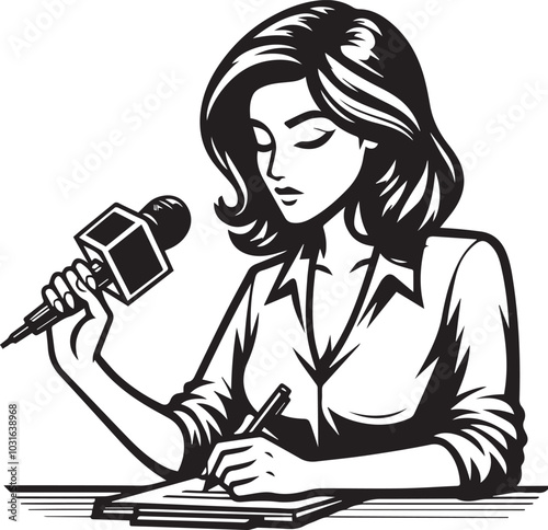 Female journalist writing notes vector illustration silhouette