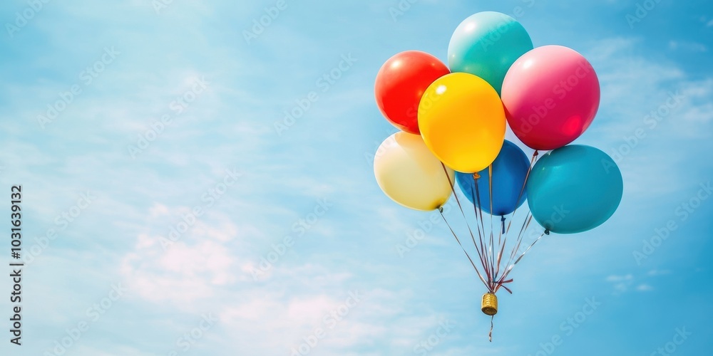 Colorful balloons float in blue sky. Colorful balloons float in blue sky.