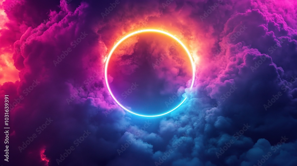 Vibrant Neon Circle in Colorful Cloud Background Vibrant Neon Circle in Colorful Cloud Background