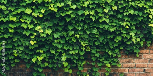 Green ivy growing on brick wall.