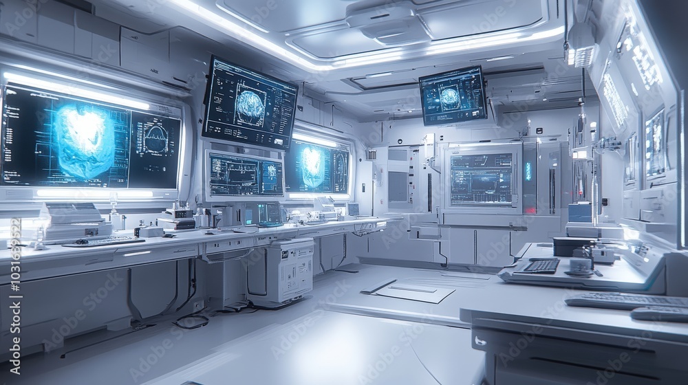 An operating room featuring a sophisticated setup for neurosurgery, with digital monitors and advanced medical devices displayed prominently against a white science laboratory background. An operating room featuring a sophisticated setup for neurosurgery, with digital monitors and advanced medical devices displayed prominently against a white science laboratory background.