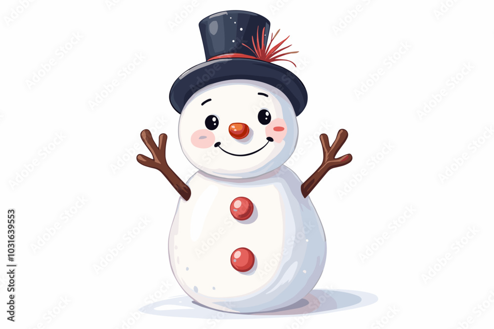 Jolly snowman vector with top hat, classic winter icon on white background Jolly snowman vector with top hat, classic winter icon on white background
