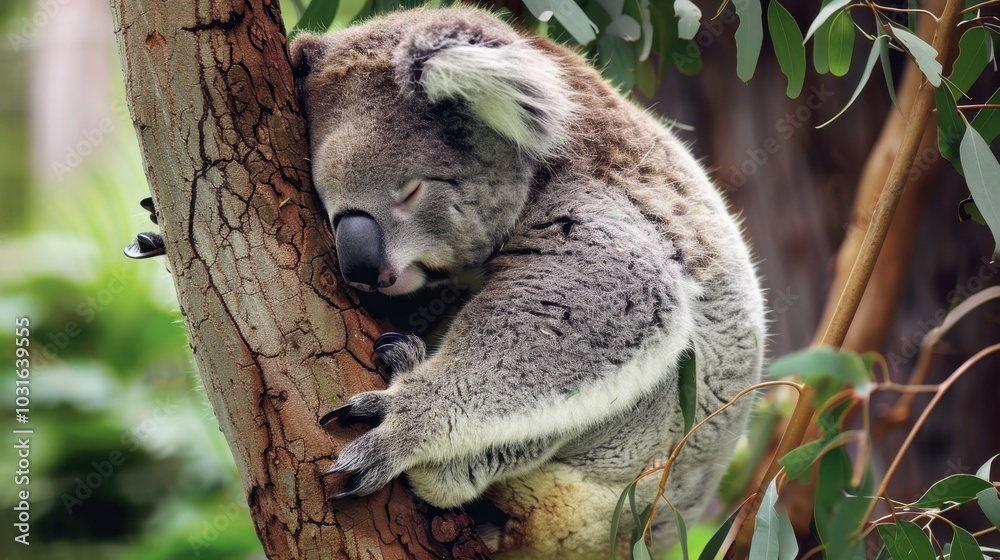 Obraz premium Sleepy Koala Nestled in Eucalypt Tree Fork