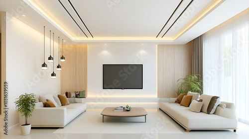 A stylish modern living room for cozy home, front elevation view, elegant lighting with pendant lamps, down lights, and LED strips for added beauty and luxury, minimal ceiling.