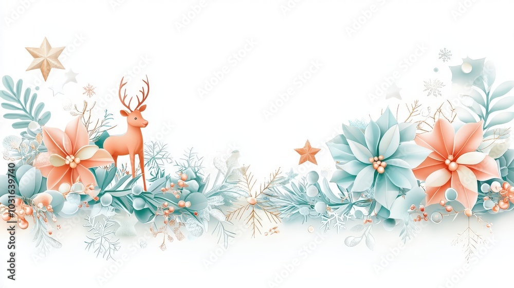 Obraz premium A fun and colorful Christmas border with soft sculptures of reindeer, stars, and snowflakes, perfect for festive designs.