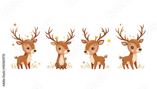 Four cute reindeer on white background, vector