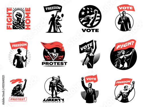 A set of protest emblems. People protest with a flag and a fist