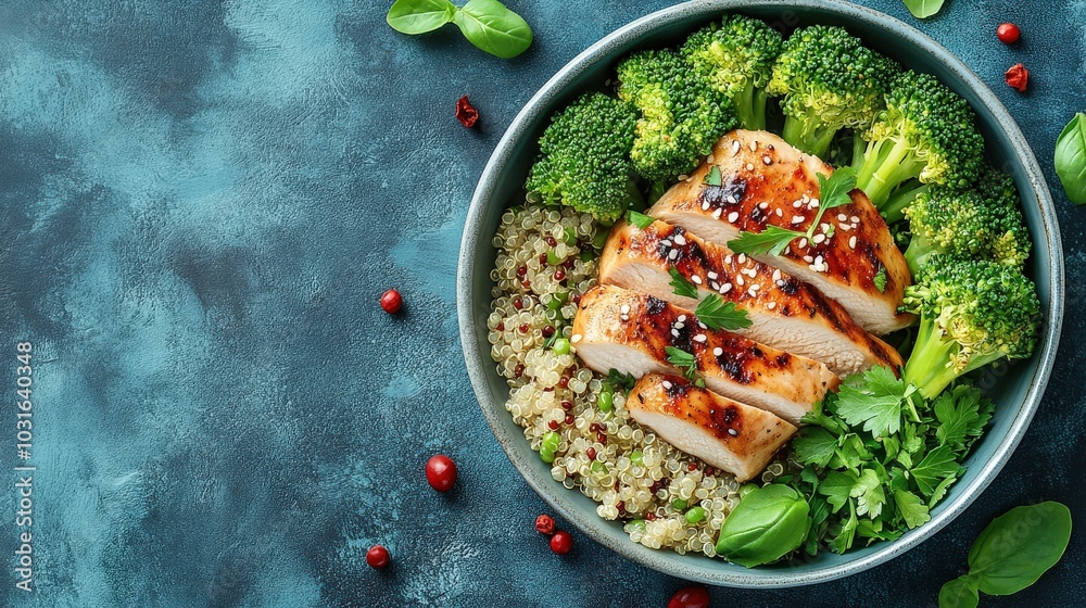 A beautifully arranged plate featuring grilled chicken breast, steamed broccoli, and quinoa, emphasizing a balanced and healthy dinner option for fitness enthusiasts. A beautifully arranged plate featuring grilled chicken breast, steamed broccoli, and quinoa, emphasizing a balanced and healthy dinner option for fitness enthusiasts.