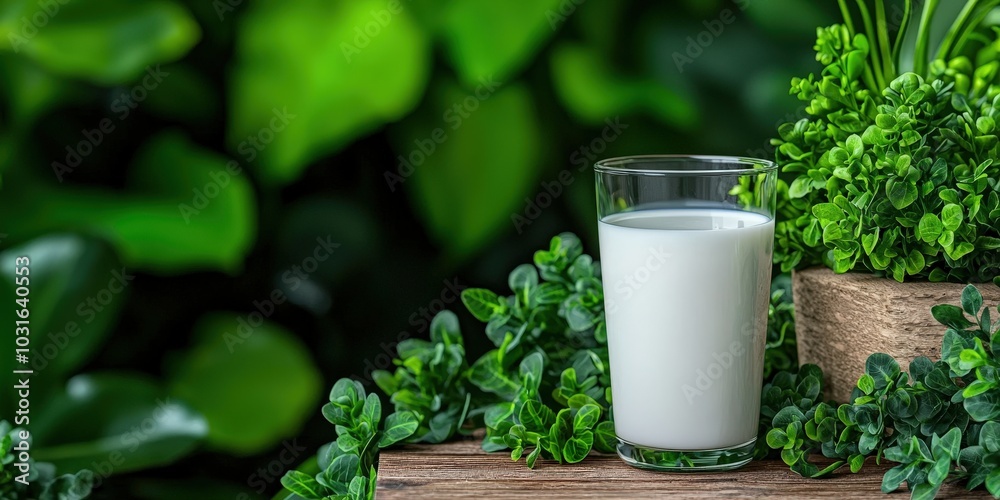 Glass of Milk on Wooden Table with Lush Green Foliage Background Glass of Milk on Wooden Table with Lush Green Foliage Background