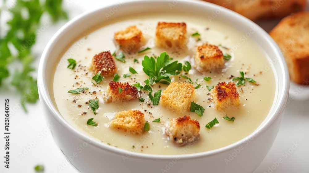 A detailed clip art illustration of a bowl of creamy champignon mushroom soup garnished with fresh herbs and croutons, isolated on a white background, perfect for culinary designs and menus. A detailed clip art illustration of a bowl of creamy champignon mushroom soup garnished with fresh herbs and croutons, isolated on a white background, perfect for culinary designs and menus.