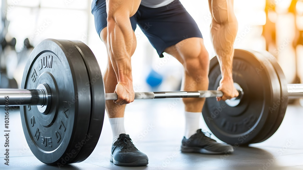A muscular individual prepares to lift a heavy barbell, showcasing strength and determination in a bright gym setting. A muscular individual prepares to lift a heavy barbell, showcasing strength and determination in a bright gym setting.