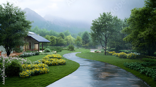 Mountain stream, rainy day, garden, living room. 