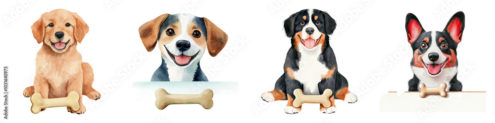 Four happy dogs, each holding a bone, displayed on a black background, showcasing their playful and friendly nature. Four happy dogs, each holding a bone, displayed on a black background, showcasing their playful and friendly nature.