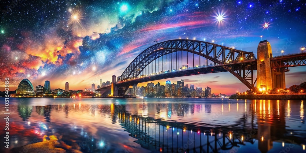 Obraz premium Stunning Double Exposure of City Harbour Bridge at Night for Urban Photography Enthusiasts