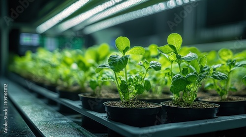 Rows of young green plants growing under artificial lights in a greenhouse.