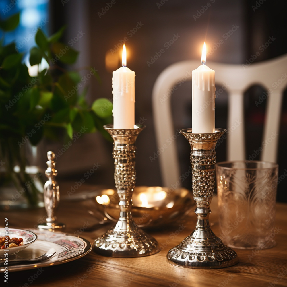 Photo shabbat candlesticks with burning candles on the kitchen table traditional jewish Photo shabbat candlesticks with burning candles on the kitchen table traditional jewish