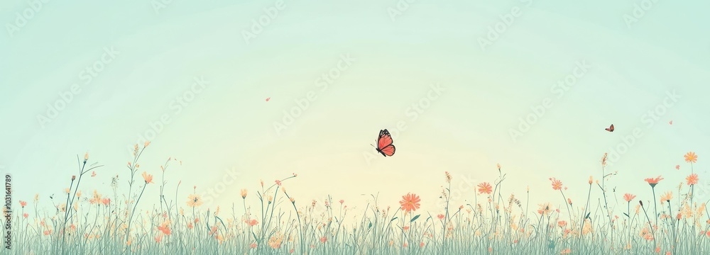 A Single Butterfly Flying Over a Field of Delicate Pink Flowers A Single Butterfly Flying Over a Field of Delicate Pink Flowers