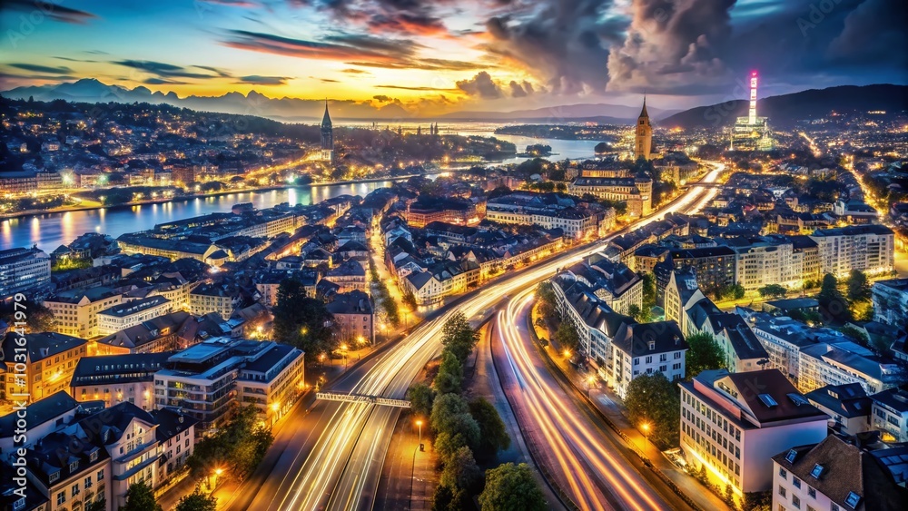 Fototapeta premium Stunning Double Exposure of Zurich Aerial View at Night with Vibrant Street Lights and Modern Cityscape