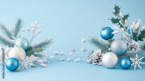 Elegant blue and silver Christmas scene with soft sculptures in abstract forms, enhancing the festive and modern vibe.