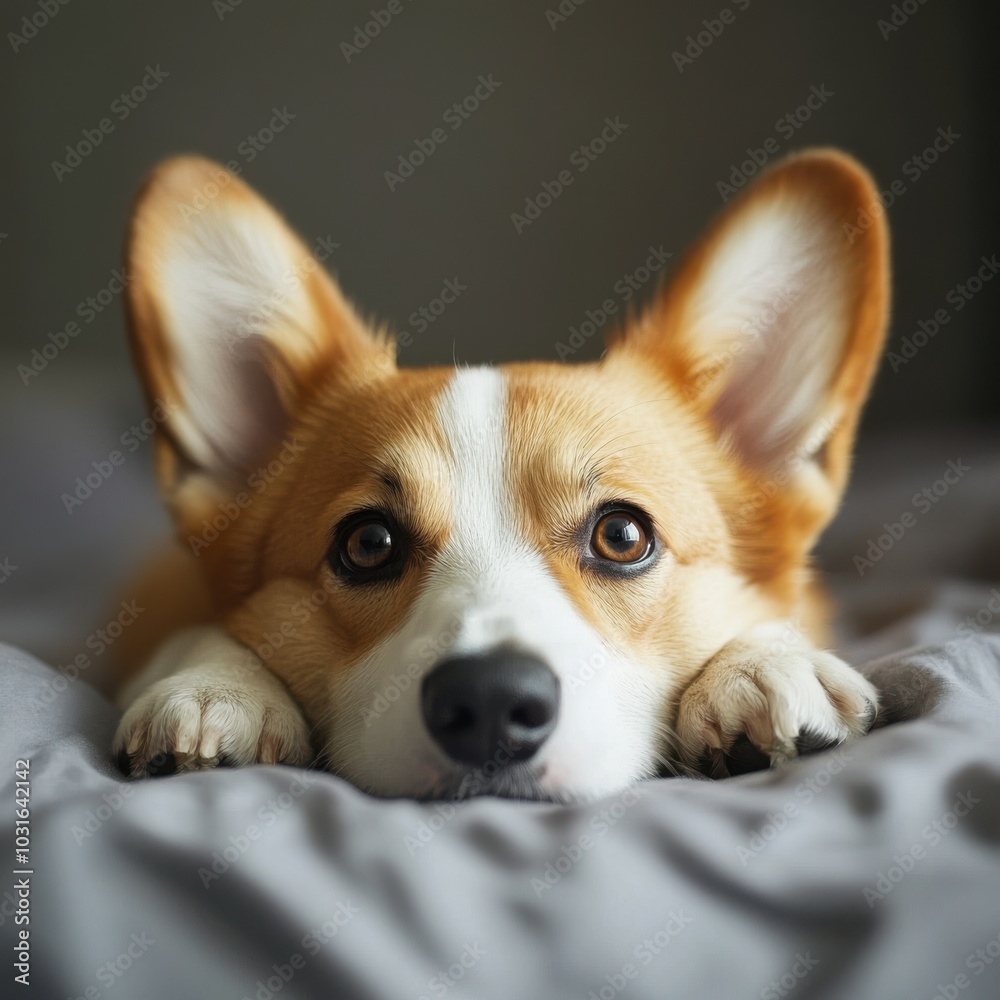 A brown and white corgi puppy lies on the bed with its tongue out. Looks happy and playful