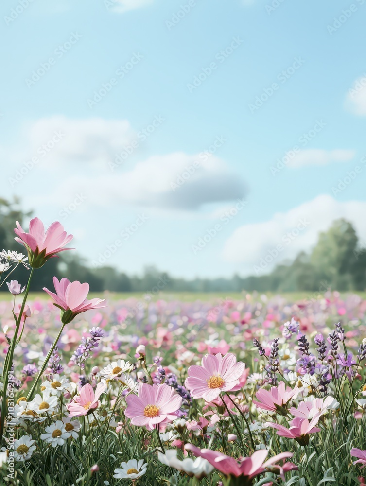 Obraz premium A serene meadow filled with soft pastel wildflowers under a clear blue sky, inviting tranquility and beauty.