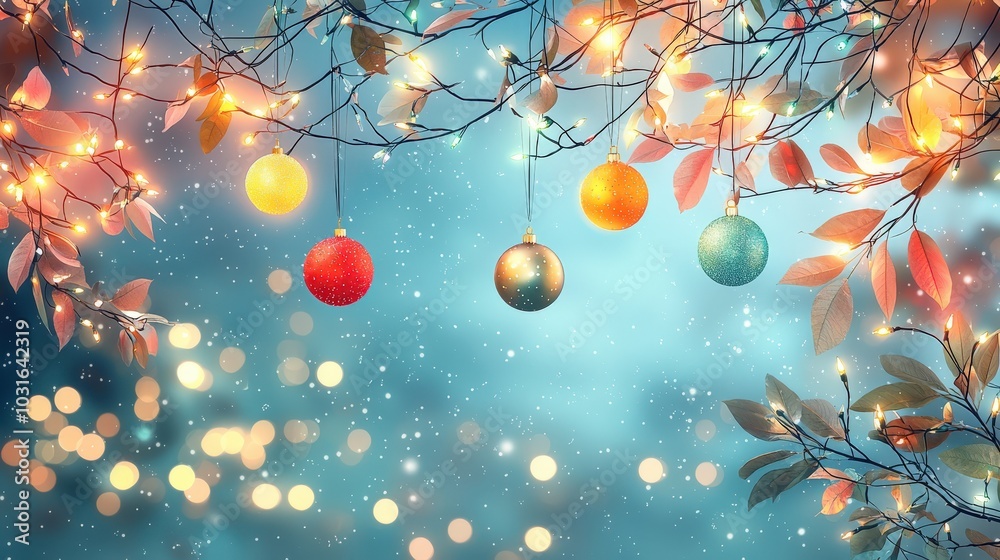 Soft sculptures of holiday ornaments hanging under Christmas lights, casting a colorful glow in a whimsical scene. Soft sculptures of holiday ornaments hanging under Christmas lights, casting a colorful glow in a whimsical scene.
