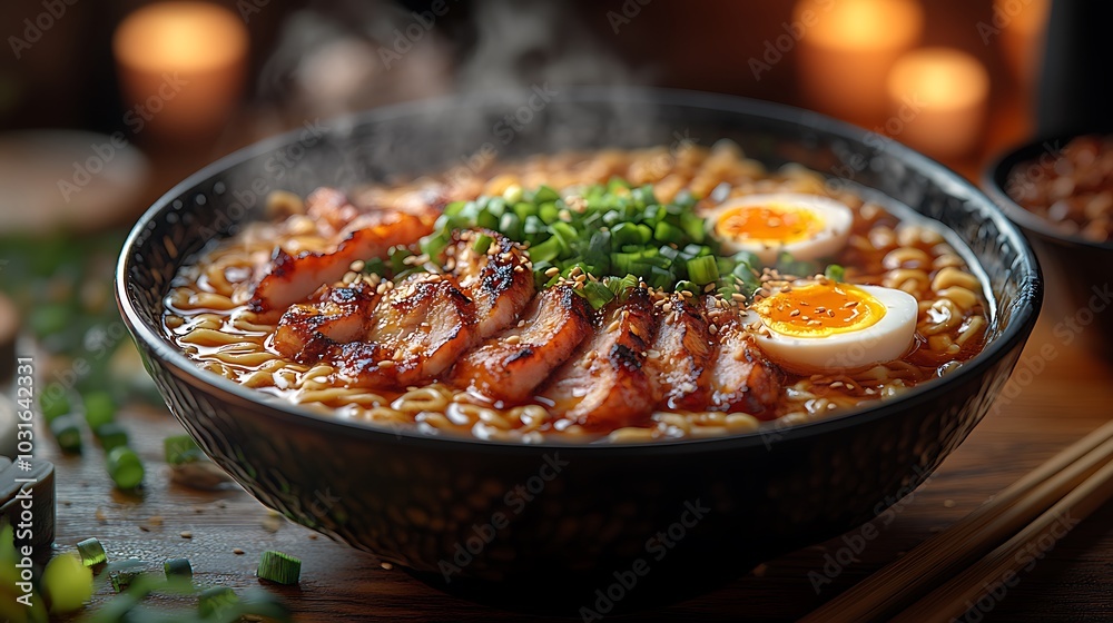 A bowl of steaming ramen with pork, egg, and scallions.