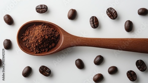 A minimalist top view of a wooden spoon loaded with instant coffee powder, surrounded by coffee beans on a white background, emphasizing the simplicity and richness of coffee. photo