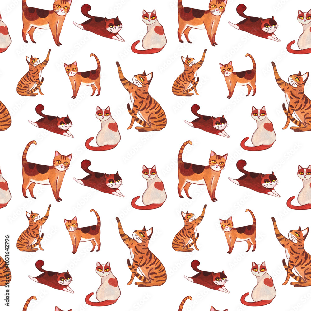 Tiger cat, orange cat, white and orange cat, brown cat, sitting, lying down, playing, hand-drawn watercolor seamless pattern Tiger cat, orange cat, white and orange cat, brown cat, sitting, lying down, playing, hand-drawn watercolor seamless pattern