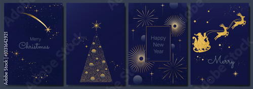 Luxury gold happy holiday  invitation card design vector. Christmas tree, sleigh santa and reindeer with spot texture on navy blue background. Design illustration for cover, print, poster, ads. 
