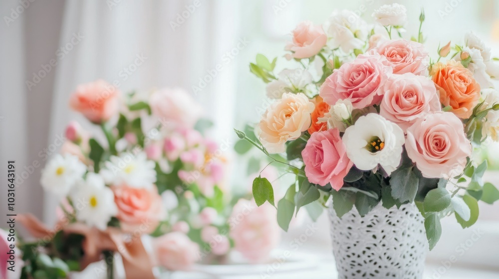 Delicate Pink and White Roses in a White Vase Delicate Pink and White Roses in a White Vase