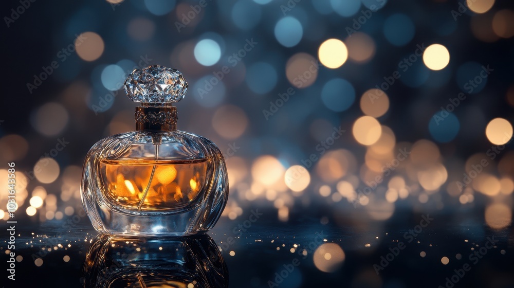 Elegant Glass Perfume Bottle on Bokeh Background Elegant Glass Perfume Bottle on Bokeh Background