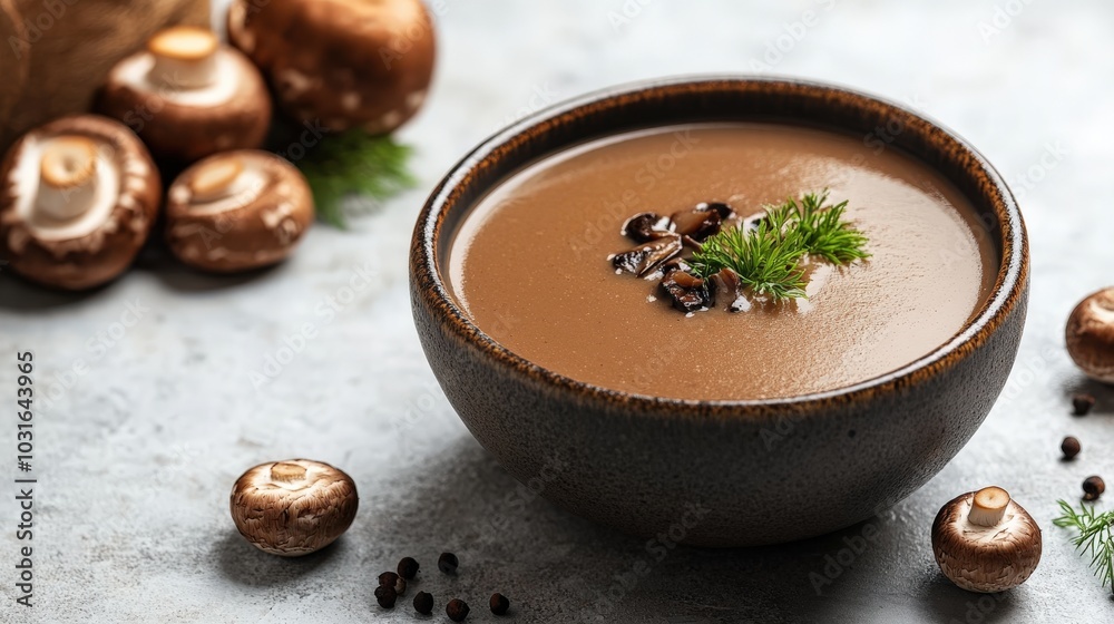 A stylized clip art of champignon mushroom soup with exaggerated features, emphasizing its delicious aroma and creamy consistency, isolated on a plain white background for creative culinary projects. A stylized clip art of champignon mushroom soup with exaggerated features, emphasizing its delicious aroma and creamy consistency, isolated on a plain white background for creative culinary projects.