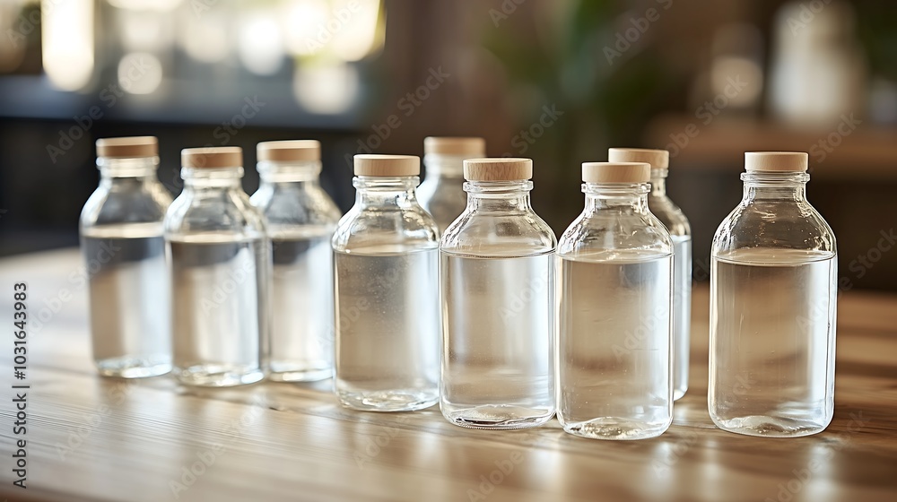 Row of Glass Bottles on Wooden Table	