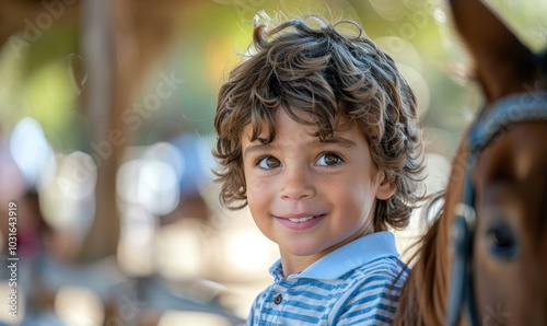 A young boy smiles as he looks towards the camera. AI.