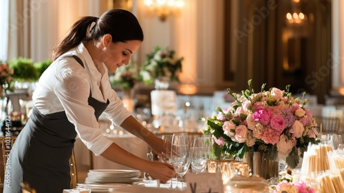 A female event planner setting up a wedding reception. She’s arranging flowers and coordinating with the catering team