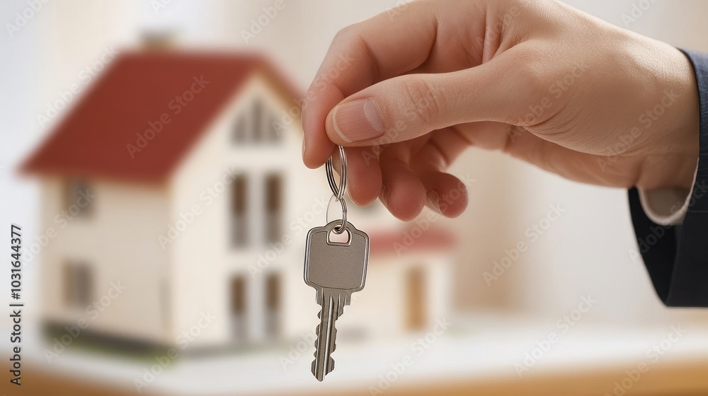 Hand holding a house key with a model home in the background. Hand holding a house key with a model home in the background.