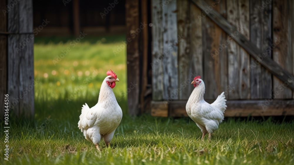 Two white chickens standing in a grassy field with a wooden barn door in the background. Two white chickens standing in a grassy field with a wooden barn door in the background.