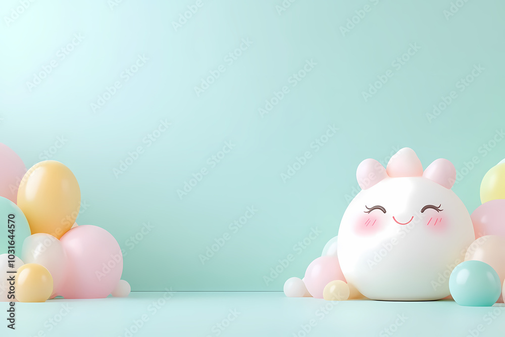 Fototapeta premium Delightful pastel decorations featuring cheerful balloon characters for fun celebrations and inviting spaces