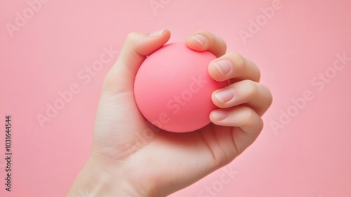 Hand holding a pink stress ball on a pink background. photo