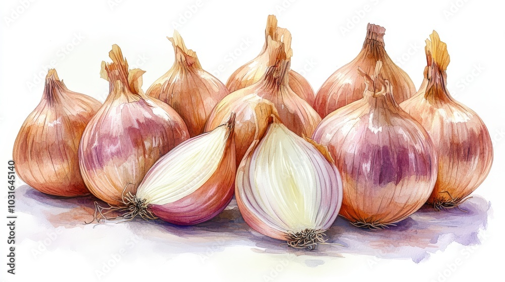 Obraz premium A colorful clip art of a group of fresh yellow onions cut into wedges, highlighting their shiny surfaces and natural sheen, set against a clean white background, ideal for food marketing materials.